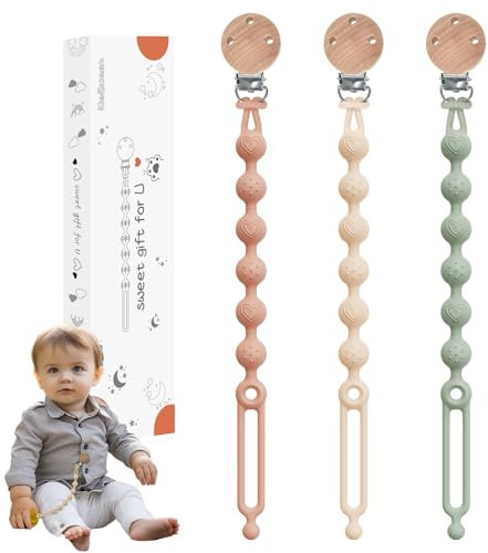 Attache-tétine en silicone - Jouets pour bébé - Lot de 3 attaches - Accessoires pour poussettes, chaises hautes, berceaux, lits bébé, sièges auto, couffins (Rosa/Beige/Grün)