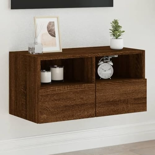 Mueble de pared, mueble de TV montado en la pared, mueble flotante para cocina, dormitorio, con puerta abatible y cubos abiertos, estante debajo del televisor para sala de estar (roble marró