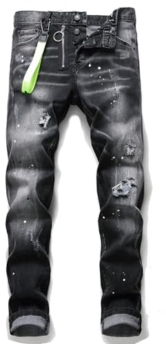 Kdtoll Vaqueros Hombre Slim Fit Rasgados en Denim Elástico - Pantalones Vaqueros con Efecto Salpicaduras de Tinta, Estilo Streetwear Y2K, Moda Casual y Versátil