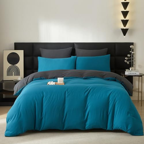 Baumwolle Bettwäsche 155x220cm Blau Grau Petrol 3Teilig Doppelbett Uni Bettwäsche Set Weiche ÖkoTex Zertifiziert für Allergiker Weich Bettbezug Baumwolle und 2 Kissenbezüge 80x80 mit Reissverschluss