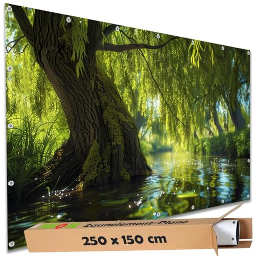 TRIOSK Sichtschutz Garten Deko Zaun Plane Blickdicht groß mit Zaunblende Motiv Natur Baum Weide Wasser Fluss für Balkon Terrasse Zaunelement Doppelstabmatten Gartenzaun PVC 250x150 cm