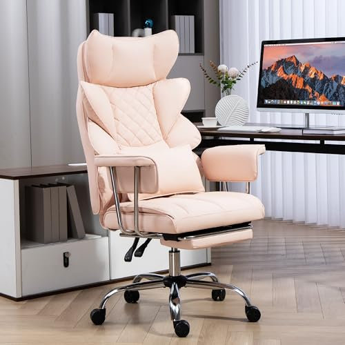 LONXIU Silla de Oficina con Reposapiés - Silla Ergonómica para Gaming y Ejecutivos, con Giro de 360°, Respaldo Ajustable de 90°-135° y Reposabrazos Suaves para Máxima Comodidad (Rosa)