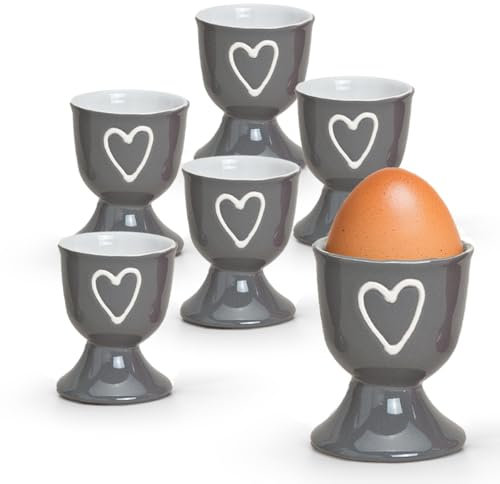 Colourful Country House Style Egg Cups Set of 6 Grey – Round Ceramic Breakfast Eggs Hearts Coasters