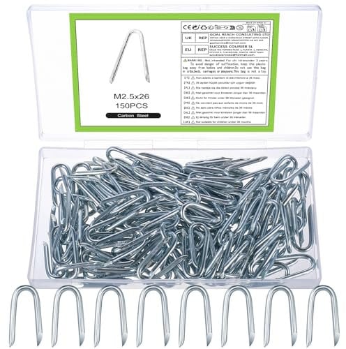 150 Pz Chiodi a U, Graffette per Recinzioni, Chiodi di Graffetta, Graffette a U in Metallo Zincato per Fissaggio Rete Recinzione Metalliche Giardino (M2,5 x 26 mm)