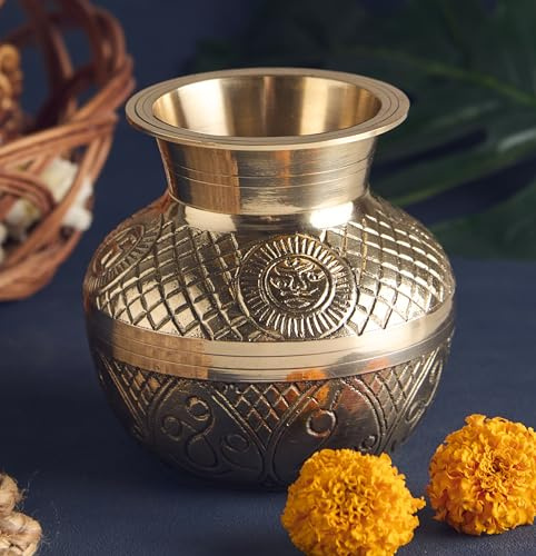 Esplanade Brass Kalash for Pooja, 4.5 | Puja Items for Home Temple Mandir, Lota Pot for Pooja, 100% Brass Utensils for Kitchen, Engraved Peetal Lota
