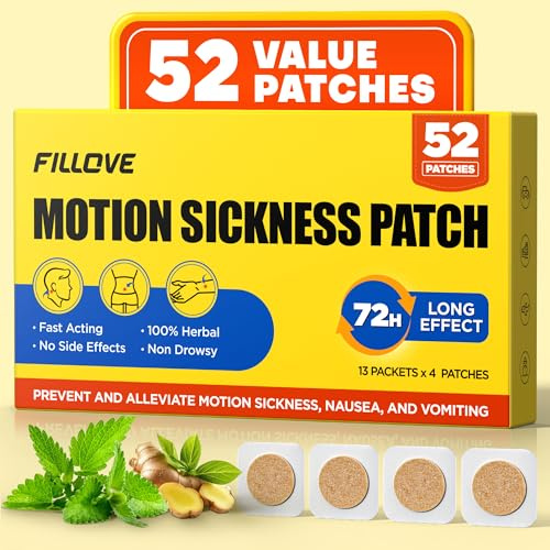 FILLOVE 52 ct Reisekrankheitspflaster, nicht schläfrig, 72H dauerhafte Seekrankheit Patches Cruise Essentials 2025, 100% natürliches Reisekrankheits-Patch, Reisezubehör für Auto, Flugzeug, Schiff