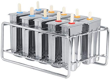 Xiuganpo Stainless Steel Ice Cream Mold with Lids,10 Metal IcePopsicle Makers, 120 Reusable BambooSticks, 10 Silicone Seals and 1 Rack, 20 X Storage Bag, Easy to Use and