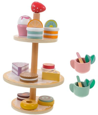 BESPORTBLE Wooden Cake Play Set and Dessert Stand for Toddlers 3-tier Simulation Cake Toy with Pretend Kitchen Accessories Role Play Food Toy for Early Education and