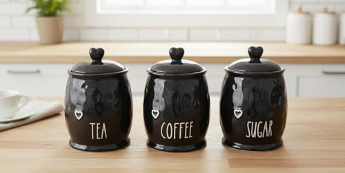 DEENZ Set Of 3 Durable Ceramic Tea, Coffee & Sugar Kitchen Storage Jars/Canisters Shabby Chic Engraved Love Heart Motif Geometric Lids Barrel Name Labelled Food Preservatives 12 X 12 X 17 Cm (BLACK)