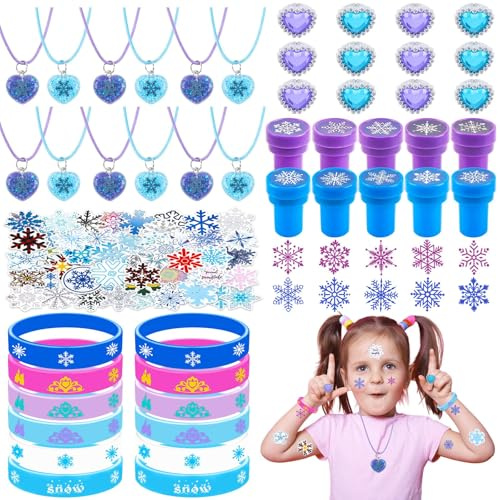 Froze Queen Party Mitgebsel Kindergeburtstag- Prinzessin Spielzeug Set mit Kinder Aufkleber Schneeflocke Ring Halskette Armbänder Give Aways Mitbringsel Kinder Geschenk Party Zubehör Geburtstag Deko