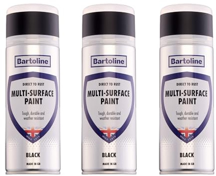 Bartoline Direct to Rust Multi-Surface Paint Black Gloss Finish 400ml – 3 Pack Apply to Rust, Metal, Wood, Plastic & Ceramic All-in-One Primer and Topcoat Weather Resistant Interior & Exterior Use