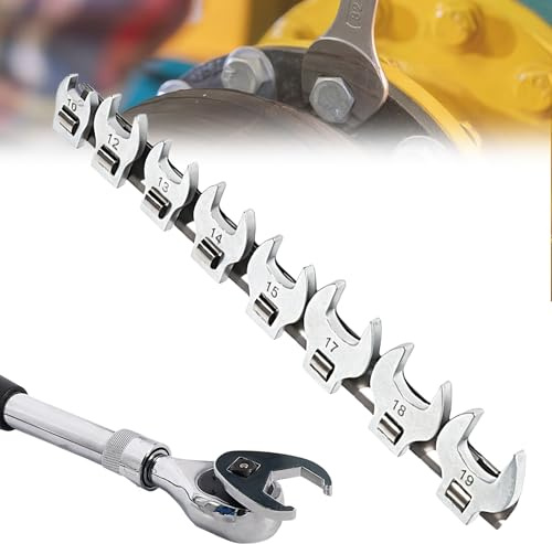 SYXLS 9PCS Open End Spanner Set, Metric Sizes 10-19mm,with Clip-on Organizer for Mechanics Automotive Repair Work, Ideal for Tight Spaces,Material Chrome Plated, Drive Metric Crowfoot Wrench Set