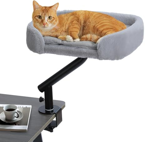 PAWZ Road Katzenbett für Schreibtisch 360° drehbar Katzenbettständer | mit interaktivem Plüschball, Katzenkorb, Katzen Hängematte für Kratzen, Katzenbett, unterstützt bis zu 22.5kg, Grau