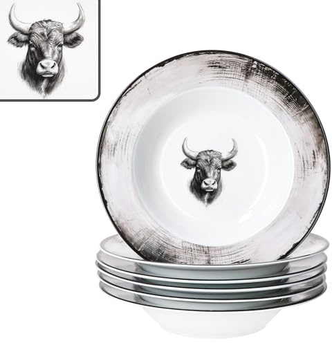 MamboCat 6er Set Toro Suppenteller I 200ml I weiß-rosa Porzellan-Teller mit Kuh Motiv für 6 Personen I tiefe Teller im Landhaus-Stil für Salat, Suppe, Müsli, Pasta & Co.