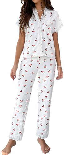 Gatamiau Women's Short Sleeve Pyjama Set 2 Piece Lounge Set Short Top + High Wasit Trousers, V Neck T-Shirt Lace Trim Cherry Print Underwear Comfy Pjs Ladies Nightwear