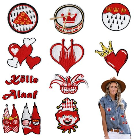 RAOPNHS Karneval Köln, Bügelbilder Set 12 Stück, Rot Weiss Aufnäher für Kleidung Köln Bügelbilder Karneval, Deko für Karneval Rot Weiss Damen Kostüme, Reparaturflicken zum Annähen oder Aufbügeln