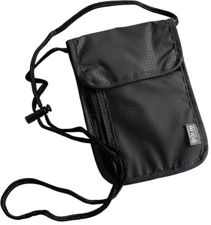 Quelcc Brustbeutel mit RFID Schutz, Wasserdicht Reisegeldbeutel mit Verstellbarem Schultergurt, Anti-Diebstahl Unisex Schwarz Umhängebeutel für Passport, Kreditkarten, Smartphone, Münzen, Geld