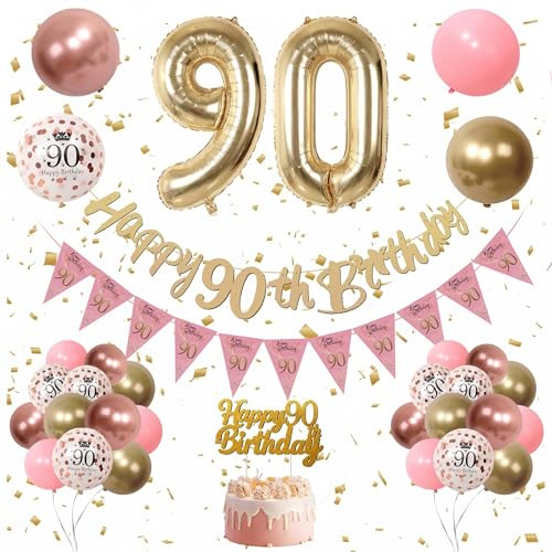 90th Birthday Decoration for Women - Gold Happy Birthday Banner, Retro Pink and Rose Gold Balloons, Confetti Latex Balloons, Cake Topper for Party Decorations
