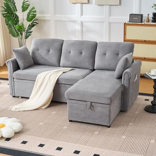DRIXNO Ecksofa mit Schlaffunktion, 3-Sitzer Sofa mit Polsterhocker, Bettsofa mit Stauraum, Modernes L-Form Schlafsofa, Chaise Lounge, Eckcouch Loungesofa für Wohnzimmer, Schlafzimmer, Grau