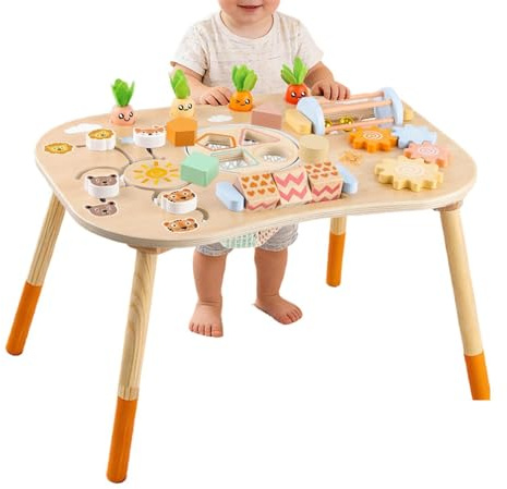 Holz Aktivitätstisch Für Kinder, 6-in-1 Spieltisch Ab 1 2 3 Jahr, Lern Und Motorik Spielzeug, Kinderspielzeug Holzspielzeug Activity Tisch, Aktivitäts Lernspielzeug Ab 12+ Monate, Geschenk 1+ Jahr