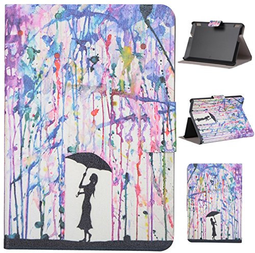 LMAZWUFULM Hülle für Amazon Kindle Fire HDX 7 (7.0 Zoll) PU Leder Magnet Sleep/Wake Funktion Lederhülle Mädchen mit Regenschirm und Regenbogen Regen MusterStent-Funktion Holster Flip Cover