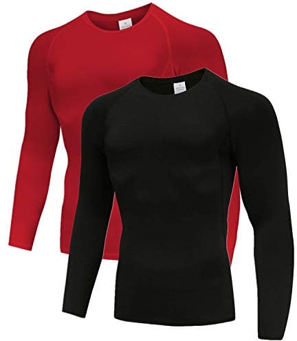 Holure Mens 2 Pack Base Layers Tops, Long Sleeve Gym Running Workout T Shirts for Men Red/Black01-M