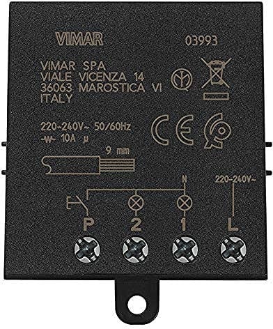 Vimar 03993 Modulo relè magnetico Quid per luci ad impulsi sequenziali ON/OFF, 1 ingr pulsante NO, 2 uscite sequenziali a relè NO 10 A 220-240 V~ 50/60 Hz
