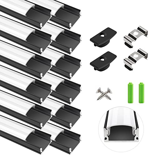 LightingWill 12-Pack 1 m/3.3 ft LED Aluminium Profile, Black U-Shape LED Channel with Milky White Diffuser, End Caps and Mounting Clips for LED Strip Lights