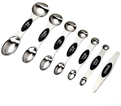 ANCLLO Magnetische Messlöffel, 7er Pack, Edelstahl, doppelseitig, Messlöffel-Set für trockene und flüssige Zutaten, Teelöffel, Messlöffel, passt in Gewürzgläser (schwarz)