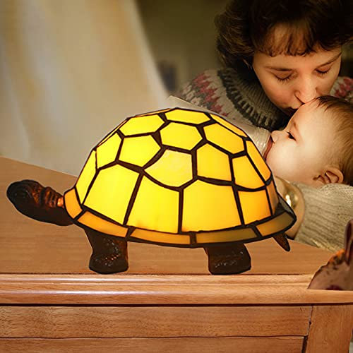 BOTOWI Tiffany Style Kindergartenlampe Nachtlicht, E12 / 14 Schildkrötenlampe dekorativ, Buntglas Akzent Schreibtischlampe, Schlafzimmer Nachttischlampe, gelb