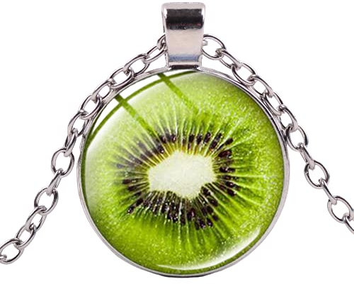 LINWEN Lebensechte Kiwi-Halskette mit transparentem Glaskuppel-Anhänger für Damen und Mädchen, täglicher Schmuck, Glas oder Kunststoff