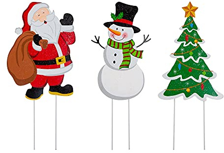 Glitzhome 3 Stück Metall Weihnachtsmann Hofpfahl 61 cm H Schneemann Baum Hof Schild mit Heringen für Winter Weihnachten Haus Garten Rasen Terrasse oder Wanddekoration