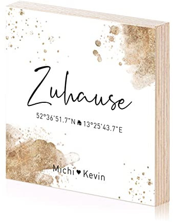 Yuweli® Holzbild Zuhause personalisiert mit Koordinaten und Namen