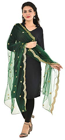 YOUTHQUAKE Embellished Plastic Mirror Net Dupatta for Womens & Girls With Half Curve Cut Design