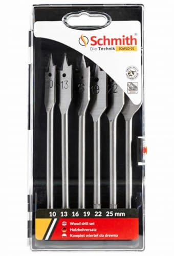 Schmith - Bohrer Set Holzbohrer - 6-teiliges Flachbohrer Set für Holz 10–25 mm - mit Sechskant für präzises Bohren in Holz, Sperrholz, Gipskartonplatten, Kunststoff und Porenbeton