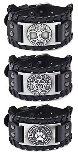 Sehaby Bracelets en cuir nordique 3 pièces, bracelet en cuir arbre de vie noir, bracelets en cuir arbre de vie lune médiévale, Viking Dewclaws Bracelets en cuir pour femme homme