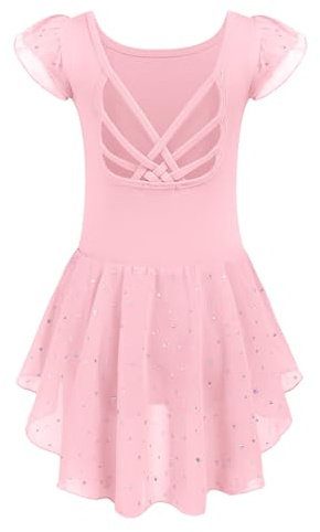 Arshiner Girls Shiny Ruffle Sleeve Ballet Leotard with Skirt Criss-Cross Back Dance Dresses