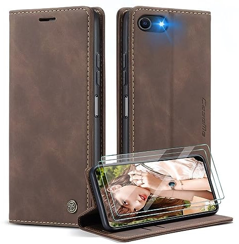 SLWYF Handyhülle für iPhone 5/5S/iPhone SE 2016 Hülle +2 Stück Panzerglas Schutzfolie, Premium Leder Brieftasche Schutzhülle [Kartenfach][Stand] für iPhone 5/5S/iPhone SE 2016,Kaffee