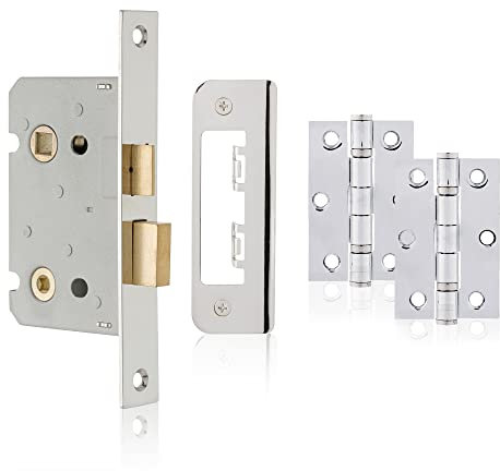 XFORT Polished Chrome Bathroom Lock Accessory Pack, Includes 65mm Polished Chrome Bathroom Lock and Matching 75mm Ball Bearing Hinges, for Internal Wooden Doors.