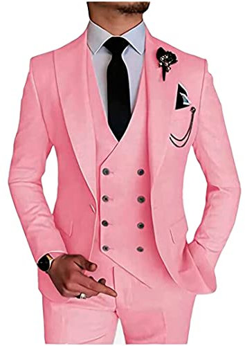 Uomo 3 PC Tacca Risvolto Affari Suit Un Pulsante Singolo Petto Abito Da Sposa Sposo Smoking Giacca Pantaloni Vest Suit, rosa, 58