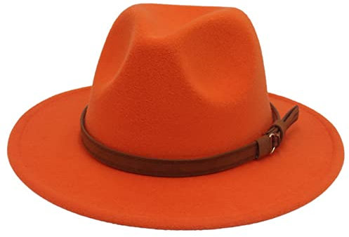 Faringoto Fedora Hut Damen Wollfilz Vintage Kirche Damenhut Unisex breite Krempe, Orange, M