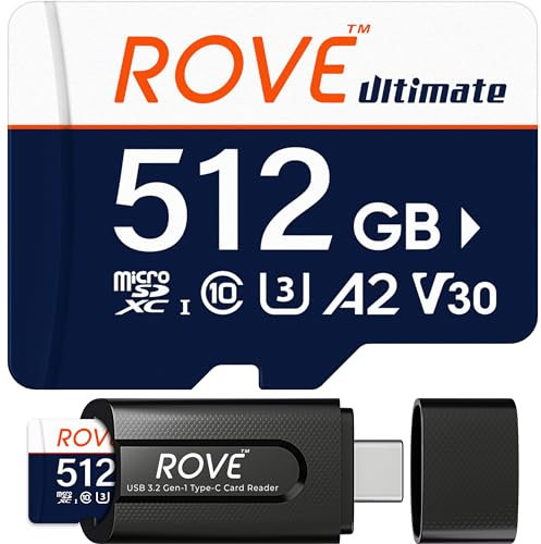 ROVE Ultimate Micro SD Card microSDXC 512GB Memory Card with USB 3.2 Type C Card Reader 170MB/s C10, U3, V30, 4K, A2 for Dash Cam, Android Smart Phones, Tablets, Games