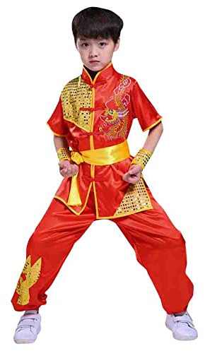 Chinese Costume Set Boys Girls Kung Fu Master Tai Chi Dragon Kung Fu Suit Set, Red, 9-10 Years