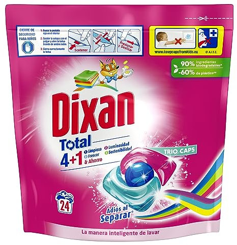 Dixan Adiós al Separar Total 3+1 Detergente en Cápsulas para Lavadora (24 lavados), jabón para la ropa de color. Limpieza, luminosidad y frescor en un único detergente para lavadora