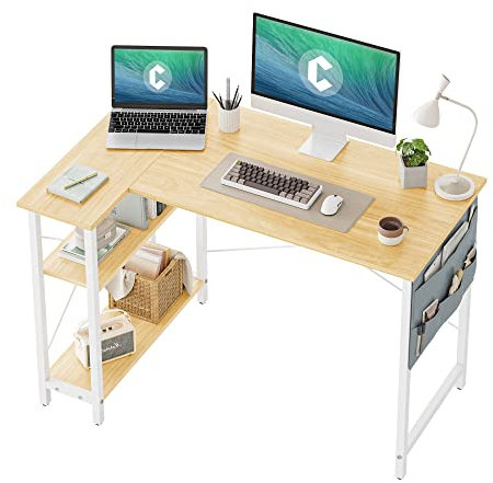 CubiCubi Computertisch mit Ablagefächern, Schreibtisch Kleiner L-förmiger Eckschreibtisch mit Regalen (Hellbraun, 110 x 70 cm)