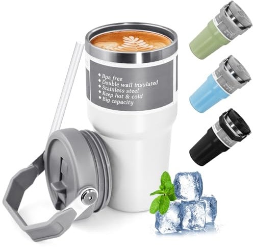WenYa 600ml Travel Mug, Insulated Coffee Cup with Leakproof Lid, Portable & Reusable Coffee Cup Travel Mug for Travel, Office, School(White)