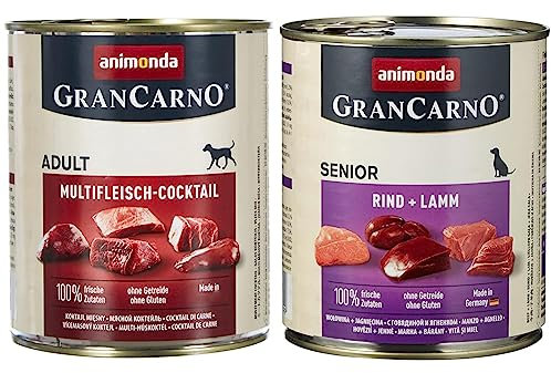 animonda GranCarno Adult Hundefutter, Nassfutter für Erwachsene Hunde, Multifleisch-Cocktail, 6 x 800 g & GranCarno Hundefutter Senior, Nassfutter für ältere Hunde ab 7 Jahren, Rind - Lamm, 6 x 800 g