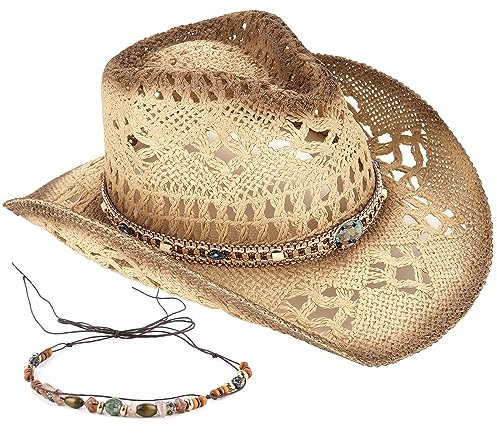 Foeran Herren Damen Strohhut Cowboyhut Cowgirl Gewebter Sonnenhut Western Cowboyhut Zwei dekorative Bänder, Beige-d, Einheitsgröße
