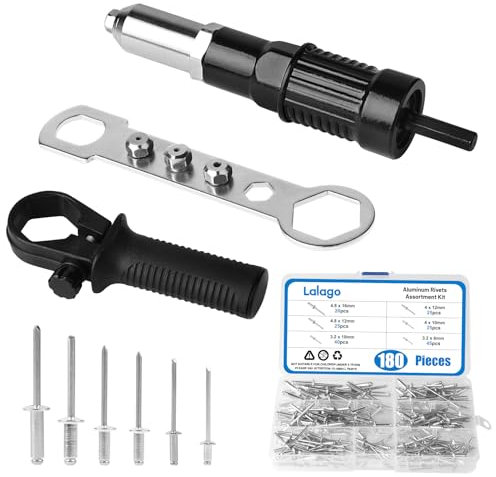 LALAGO Pinze per rivetti con 180 pezzi, rivetti ciechi, rivetti per trapano, avvitatore a batteria, adattatore per rivetti ciechi, kit con 6 misure pop