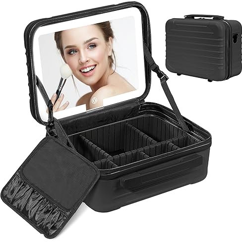 Trousse de Maquillage avec Miroir LED: 3 Modes d'Éclairage Trousse de Toilette Femme avec Miroir LED - Portable Grande Sac de Maquillage avec Miroir - Noir